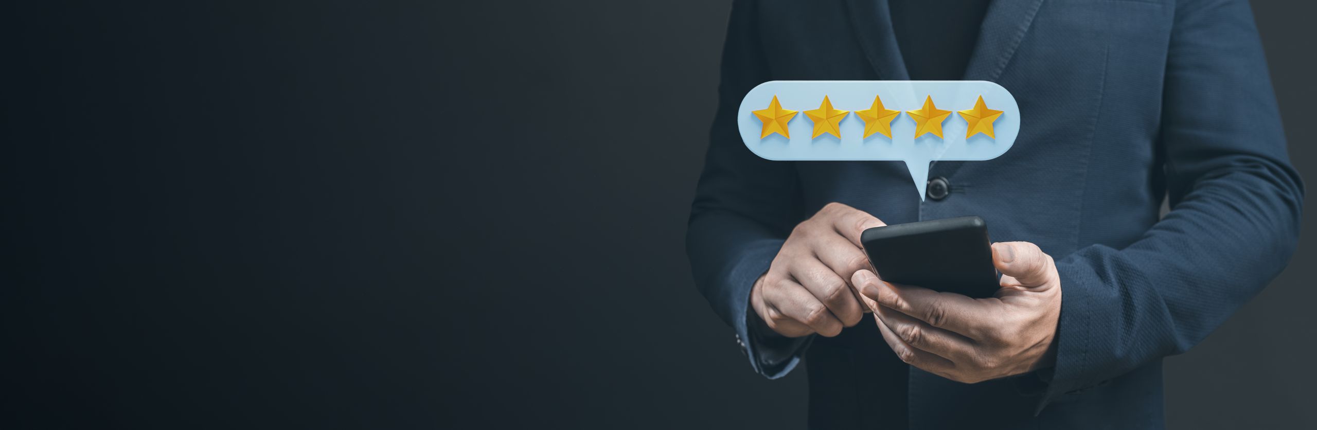 Customer Pressing On Smartphone With 5 Star Icon For Feedback Review Satisfaction Service. Businessman Hand Using Smart Phone With Icon Five Star Symbol To Increase Rating Of Company. Banner